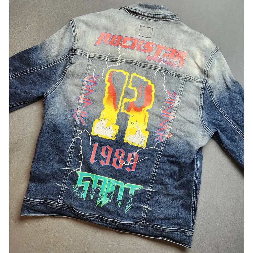 Rockstar Original Denim Jacket Mens‎ XXL Blue Saint Sinner Distressed Streetwear